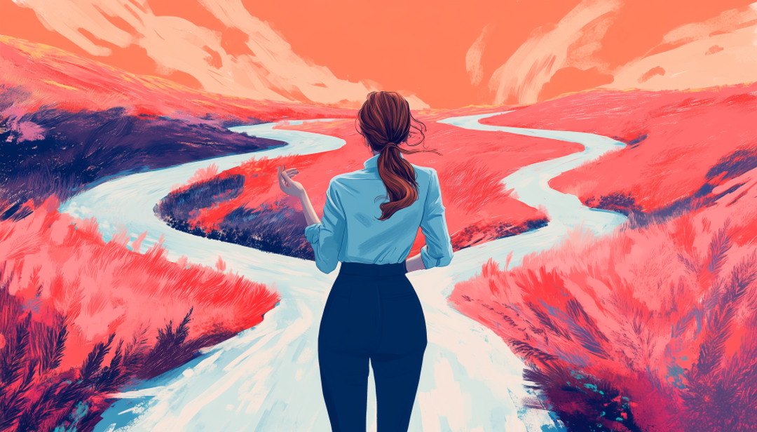 Turbulent vs assertive ISTP decision-making illustrated with person choosing between diverging paths.