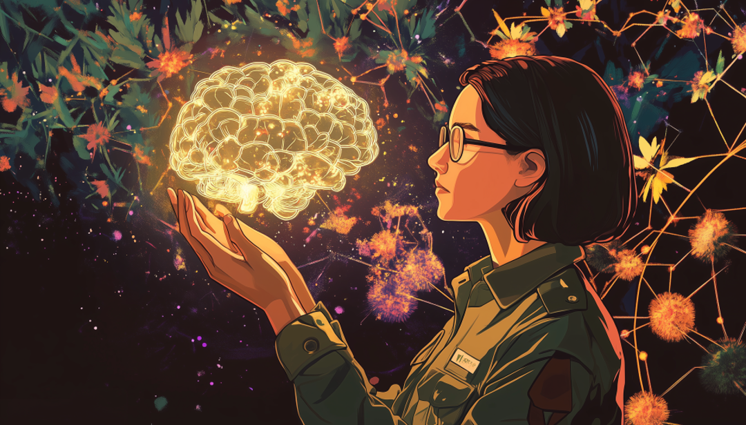 Woman holding glowing brain with floral imagery representing Enneagram 1w9 idealistic thinking and internal values.