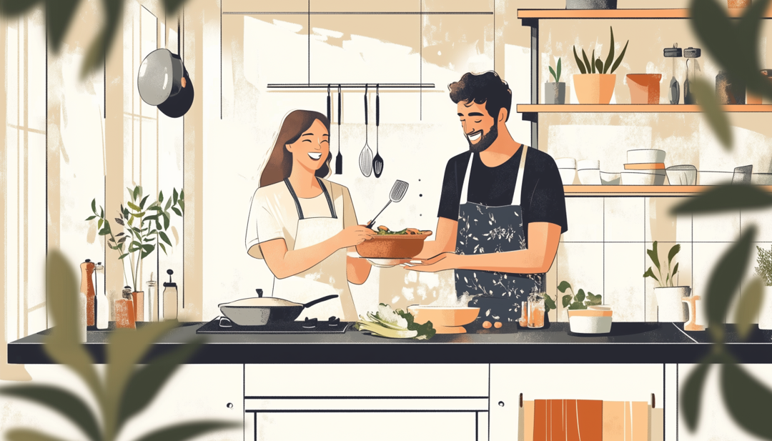 Couple cooking together showing balanced masculinity in a relationship.