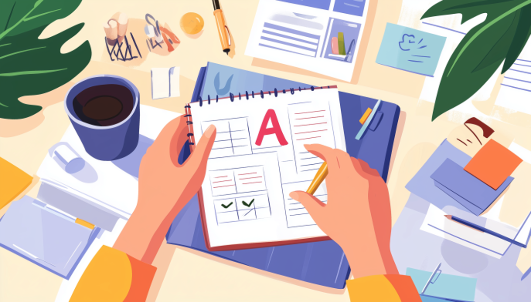 Person organizing tasks with ABCDE Method prioritization system showing A-level tasks.