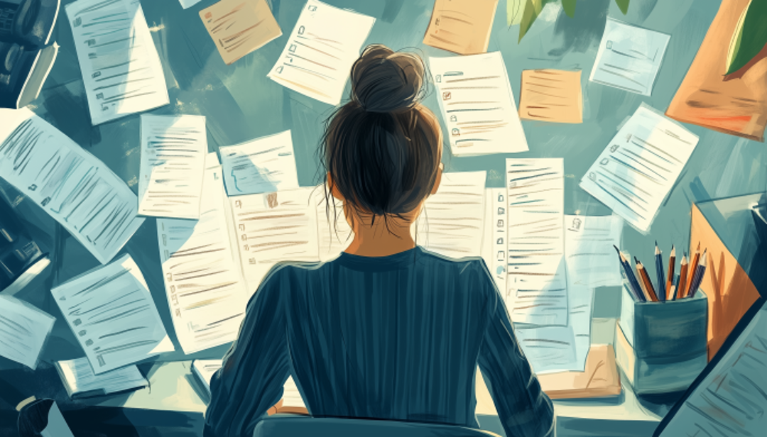 Person overwhelmed by scattered tasks before using ABCDE Method for prioritization.