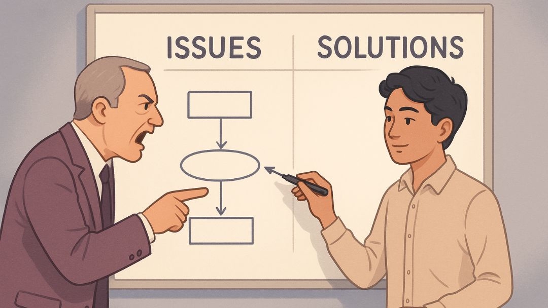Two professionals discussing solutions for abrasive behavior issues at work.