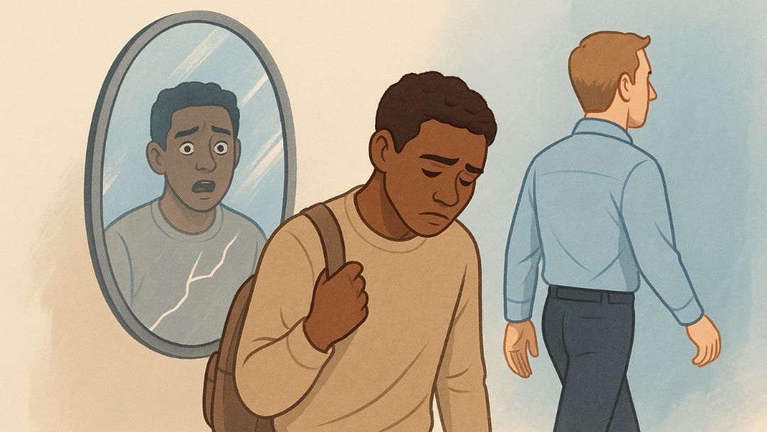 Person reflecting on abrasive personality traits while another walks away.