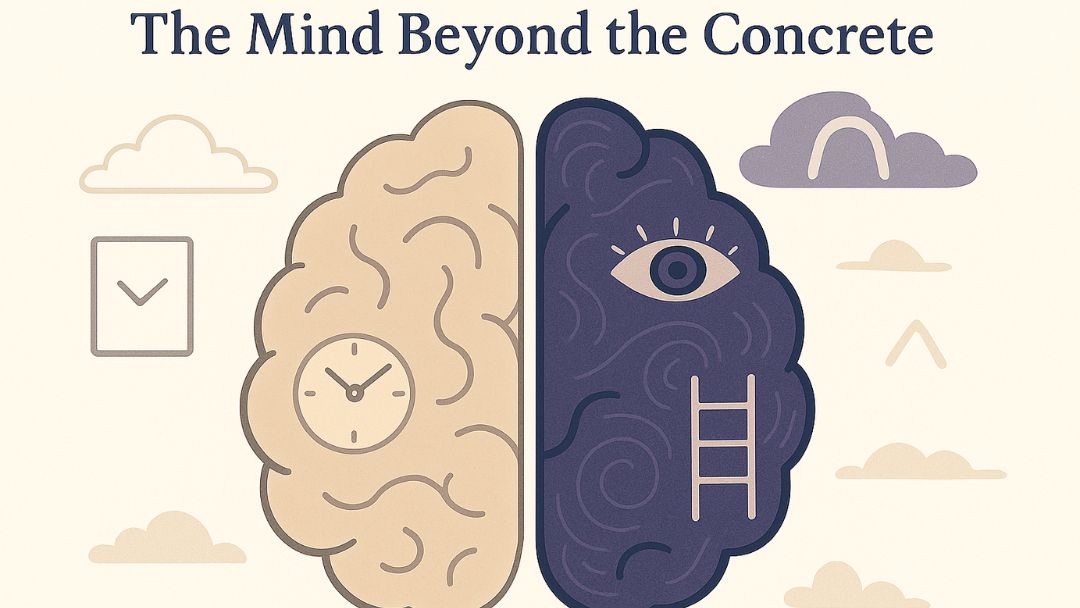 Abstract thinking versus concrete thinking shown through brain hemispheres and symbolic imagery.
