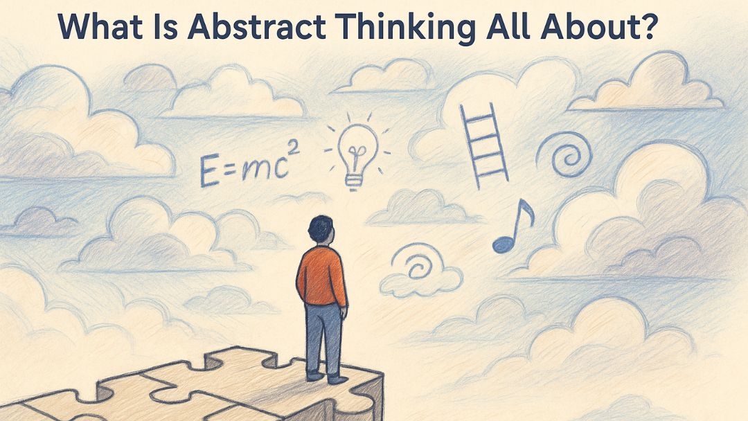 Abstract thinking definition illustrated with conceptual symbols and creative problem-solving imagery.