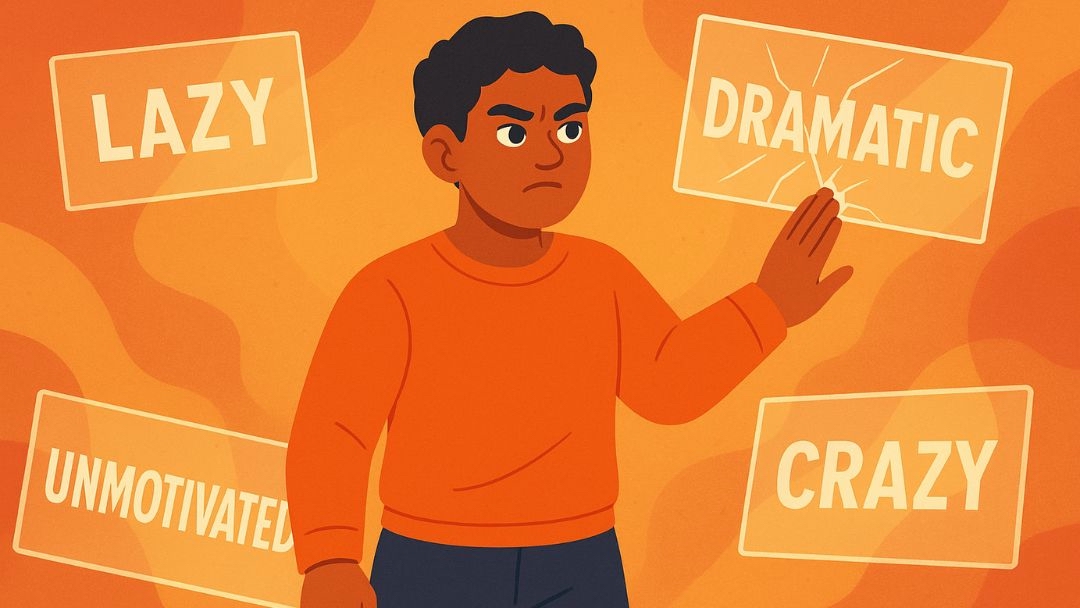 Person rejecting common ADHD misconceptions and stereotypes like lazy, dramatic, and crazy.