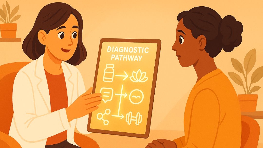 Healthcare provider explaining ADHD diagnostic pathway and treatment options to patient.