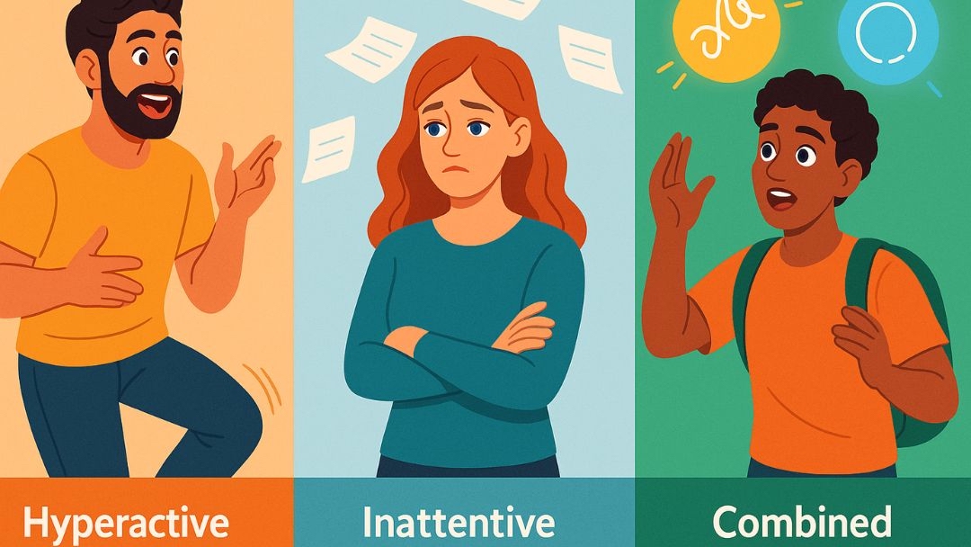 Three types of ADHD signs in adults: hyperactive, inattentive, and combined presentation.