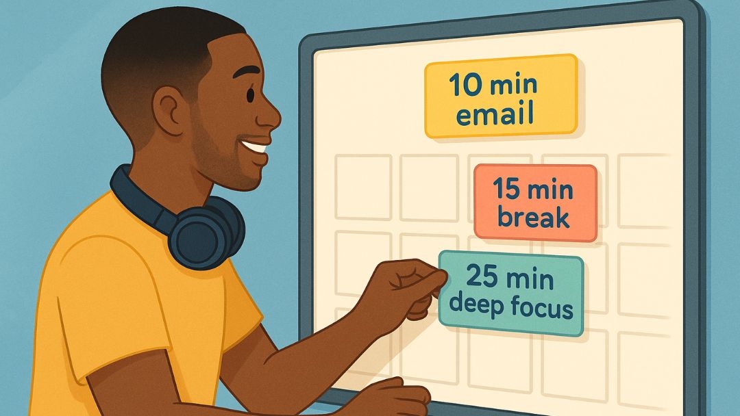 Man using time-blocking schedule for adult ADHD help with designated tasks and breaks.