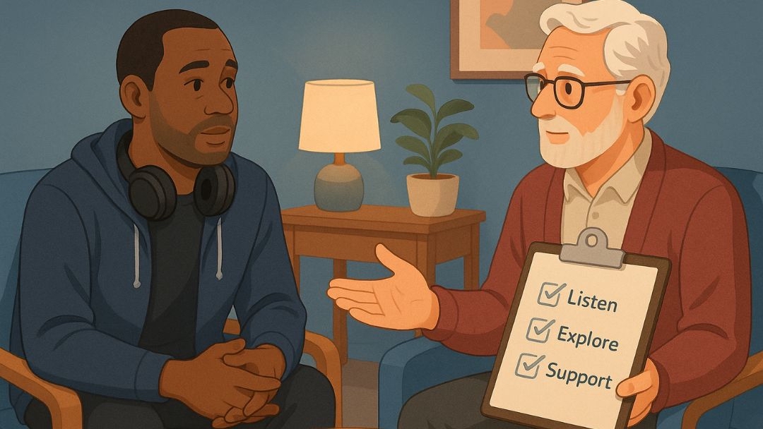 Adult ADHD help shown in therapy session with counselor holding checklist for listening, exploring, and supporting.