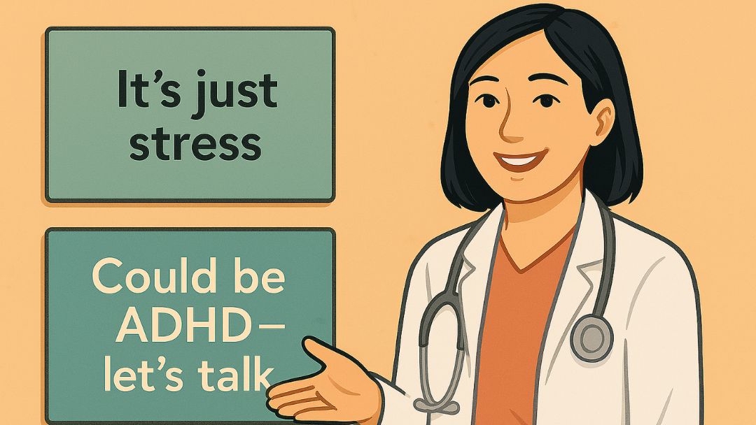 Doctor explaining difference between stress and ADHD, encouraging adults to seek ADHD help from a professional.