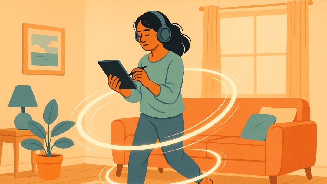 Woman using movement and music as adult ADHD help strategy for focus and energy management.