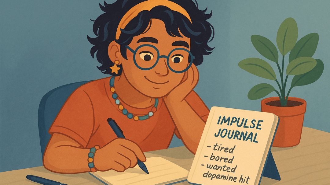 Person tracking impulses in journal as adult ADHD help tool for managing symptoms.
