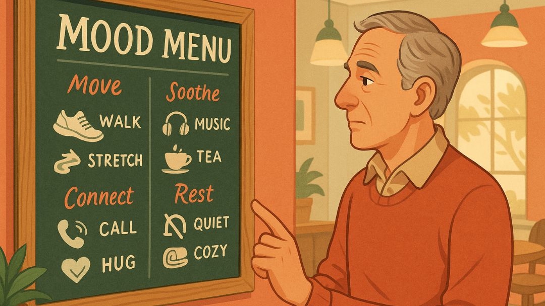 Man reviewing mood menu board for adult ADHD help with emotional regulation strategies.