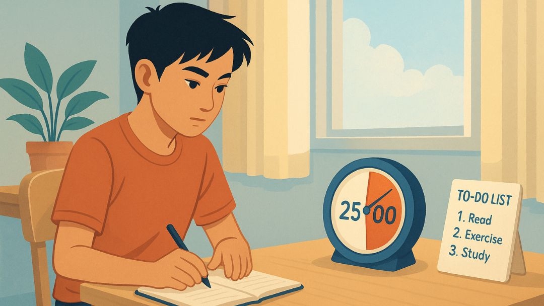 Man using Pomodoro timer and to-do list for adult ADHD help with productivity and task management.