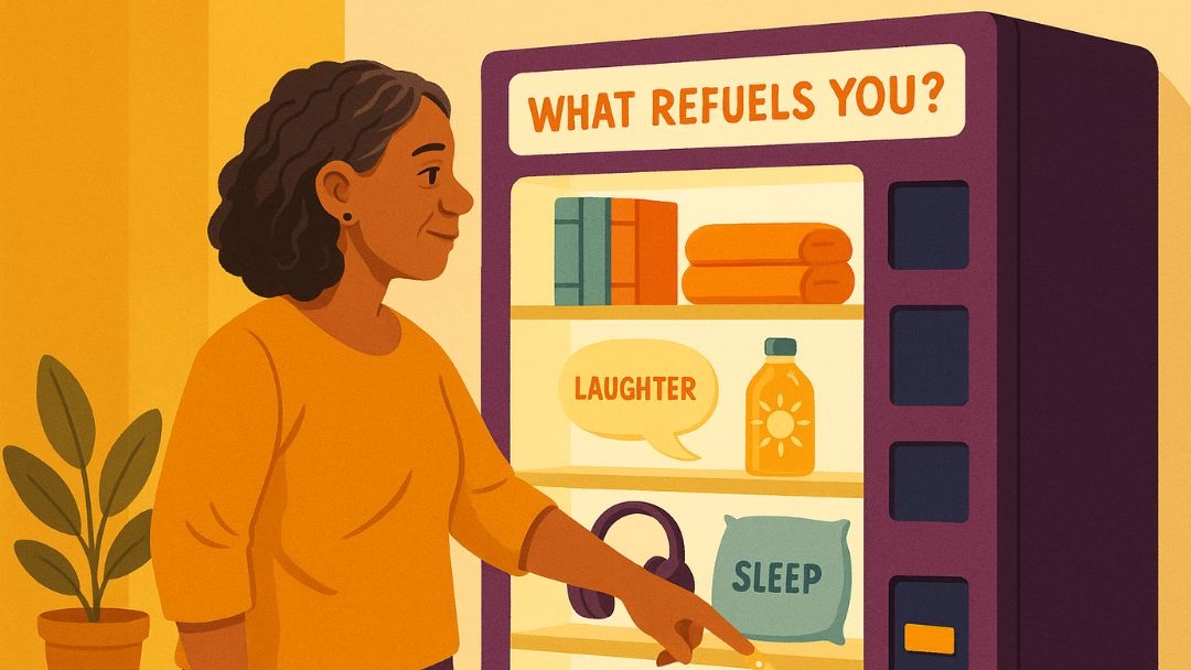 Woman selecting self-care options from refuel board for adult ADHD help with routine building.