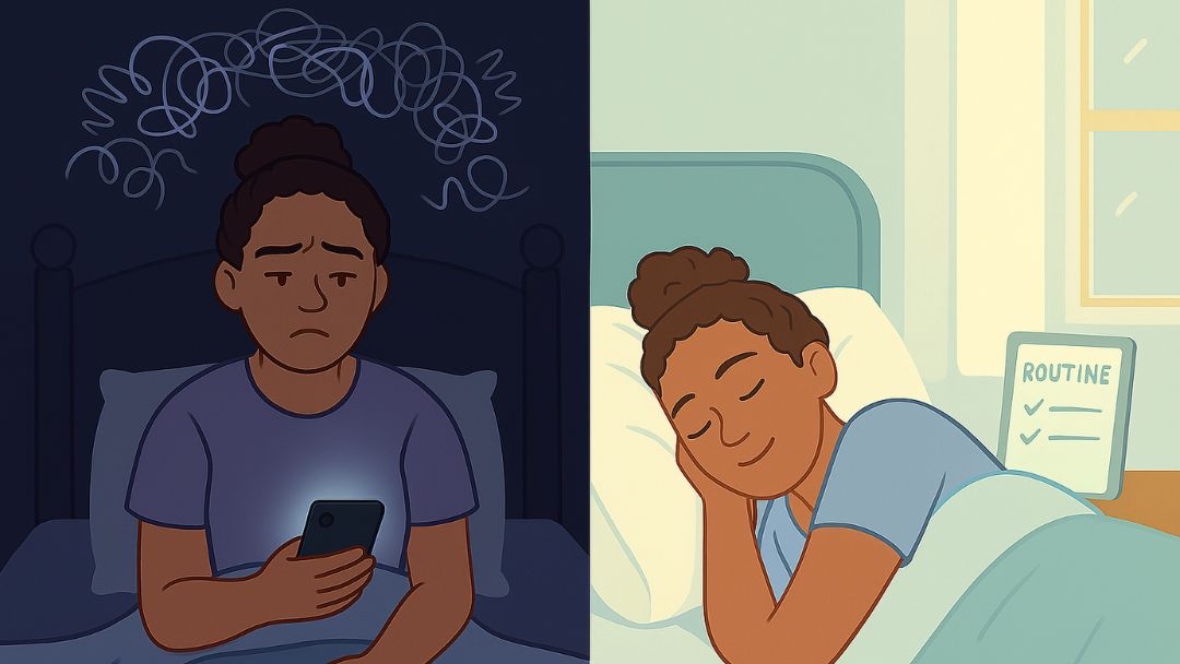 Split image showing adult ADHD help through better sleep—racing thoughts at night versus restful sleep with routine.