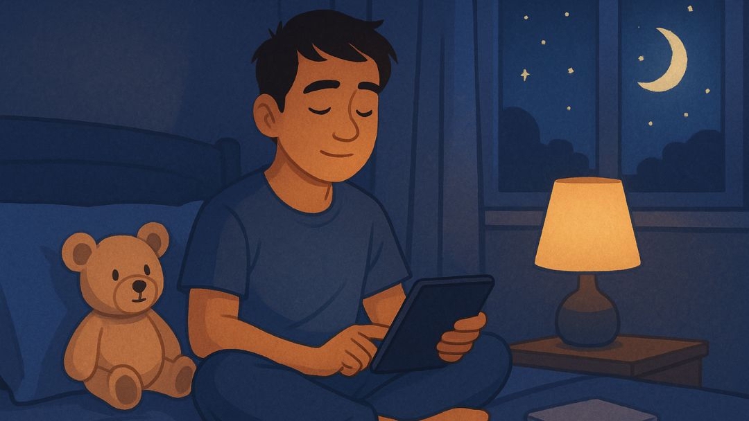 Adult ADHD help with bedtime routine, person relaxing with tablet to manage focus and balance hobbies.