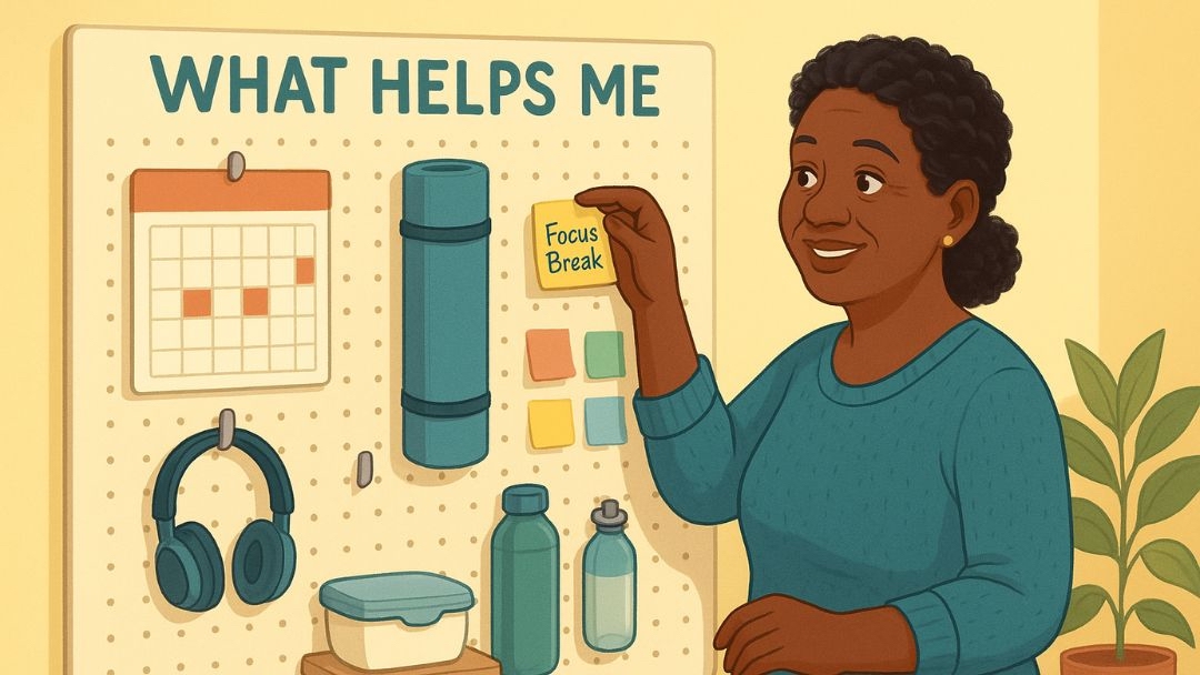 Woman organizing adult ADHD help strategies on board with calendar, headphones, and focus break reminders.