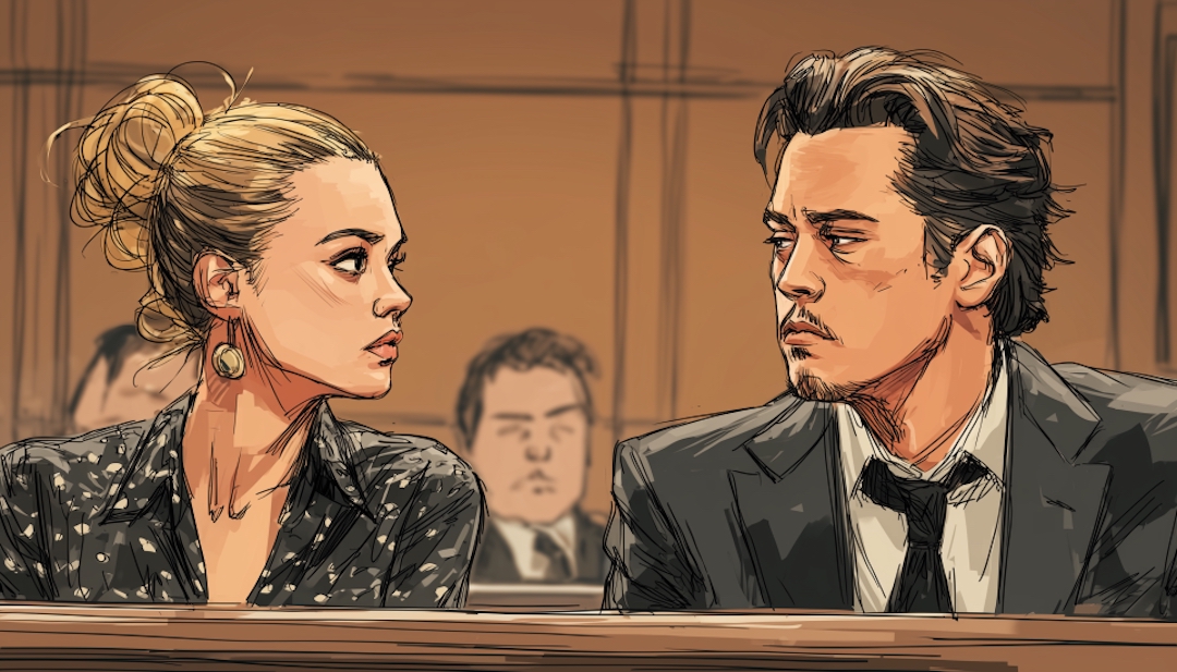 Amber Heard and Johnny Depp in courtroom during defamation trial examining personality assessments.