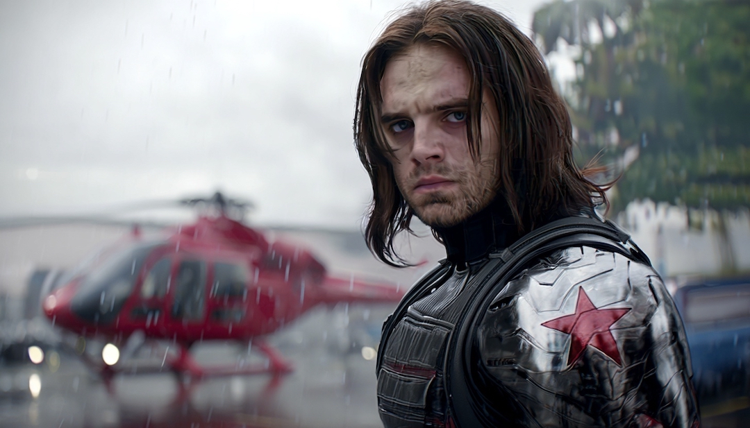 Winter Soldier with metal arm and red star showing haunted protector Avengers personality type.