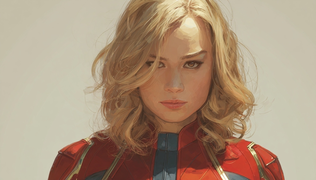 Captain Marvel in red and blue suit showing radiant rebel personality among Avengers types.