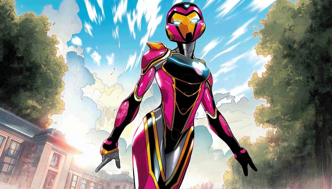 Ironheart in colorful armor showing reluctant prodigy personality among Avengers types.