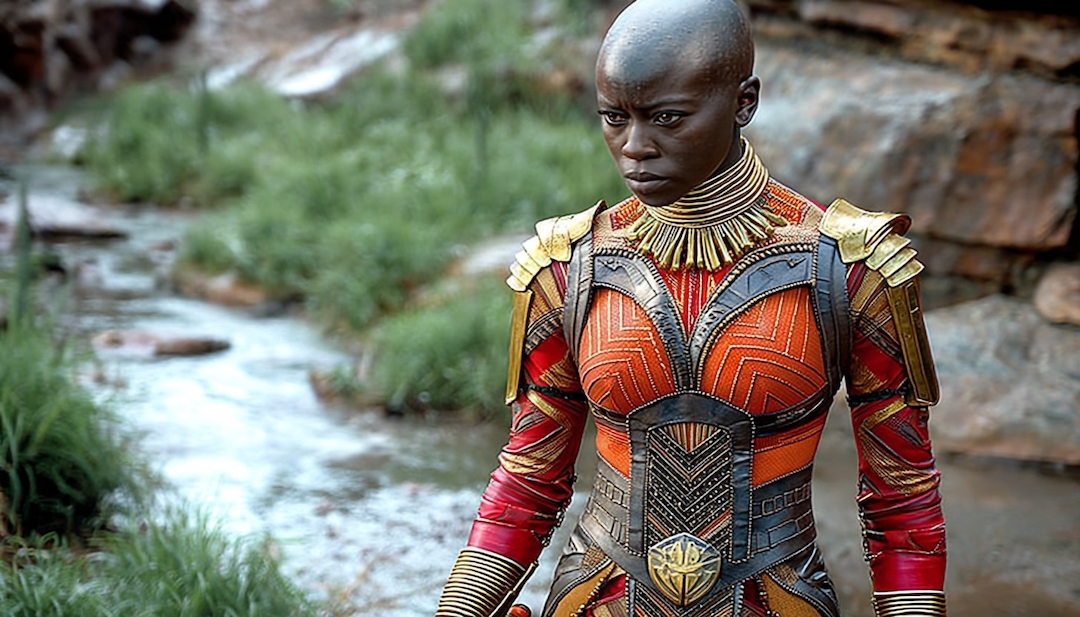 Okoye in Dora Milaje armor showing fierce protector personality among Avengers types.