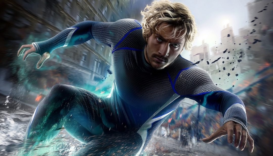 Quicksilver in motion with speed effects showing impulsive protector Avengers personality type.