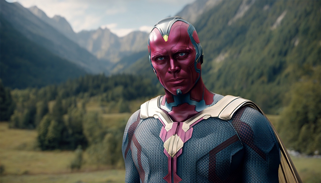Vision in scenic landscape showing evolved idealist personality among Avengers types.