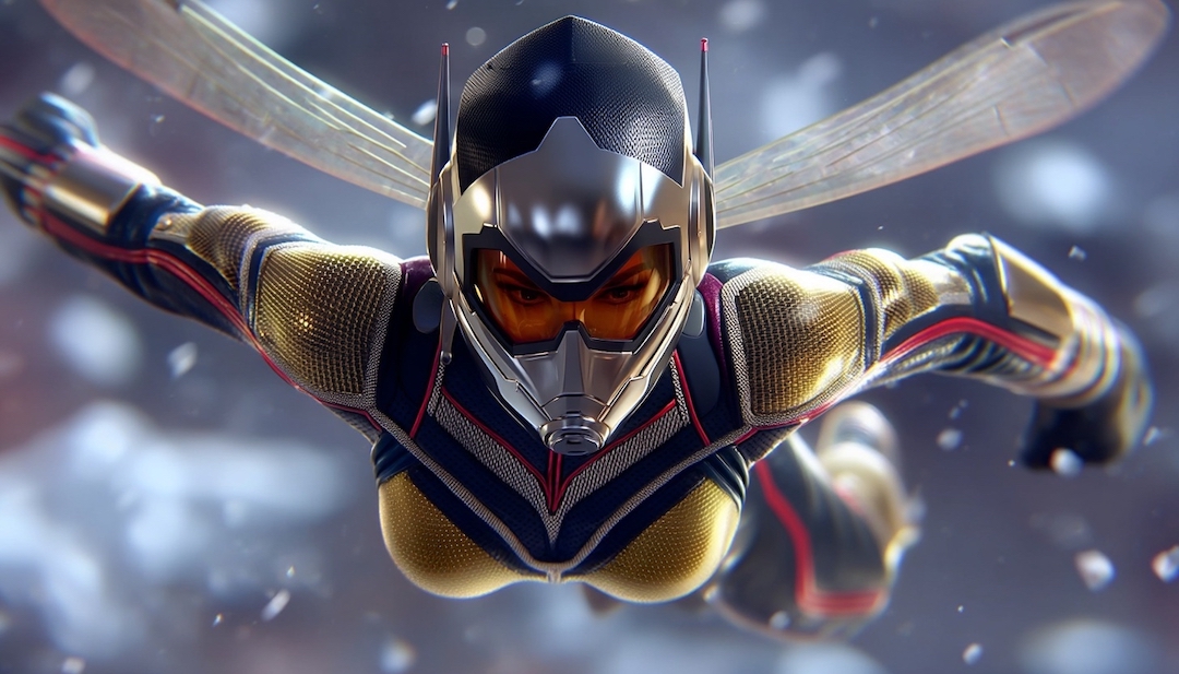 Wasp in flight with wings showing tactical trailblazer personality among Avengers types.