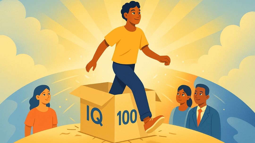 Person stepping out of box labeled IQ 100 showing average IQ defined doesn't limit potential.