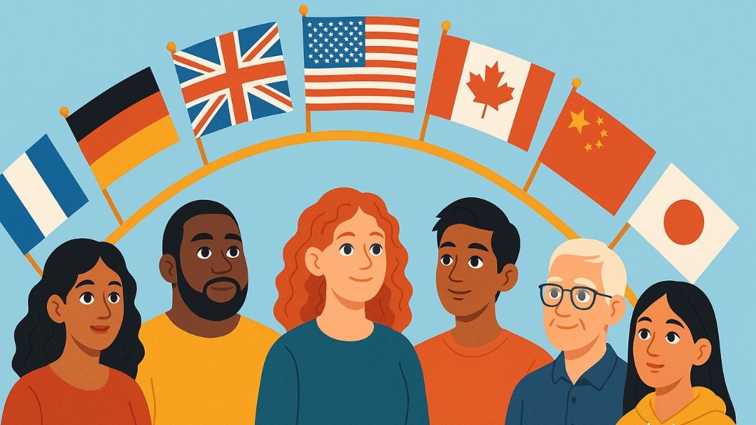 Diverse people with international flags comparing average IQ defined across different countries.