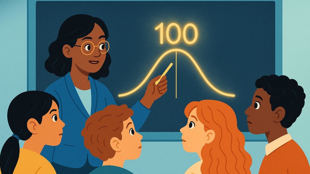 Teacher explaining average IQ defined with bell curve showing 100 as the mean intelligence score.
