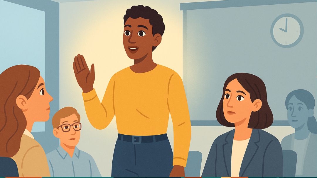 Person confidently speaking up in meeting demonstrating how to be more assertive at work.