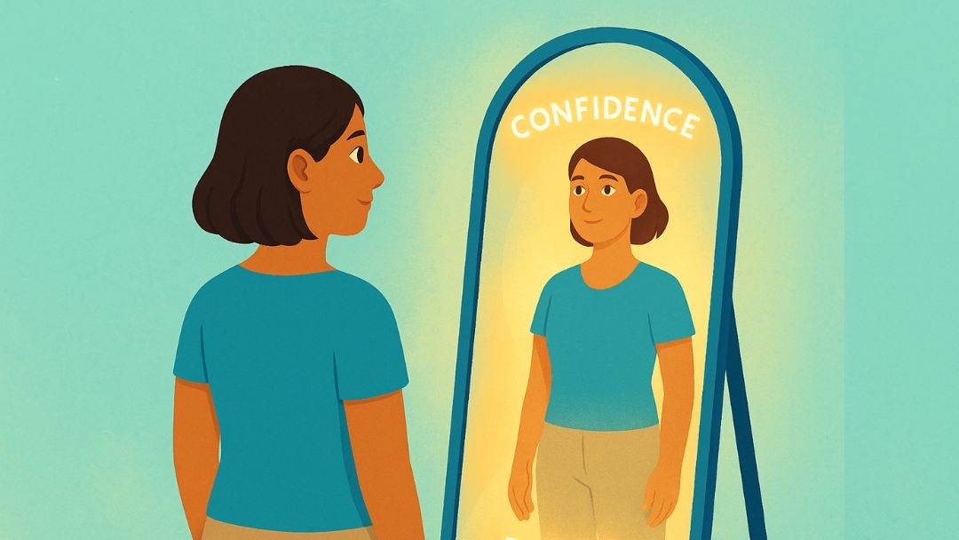 Woman building self-confidence in mirror reflecting journey to be more assertive.