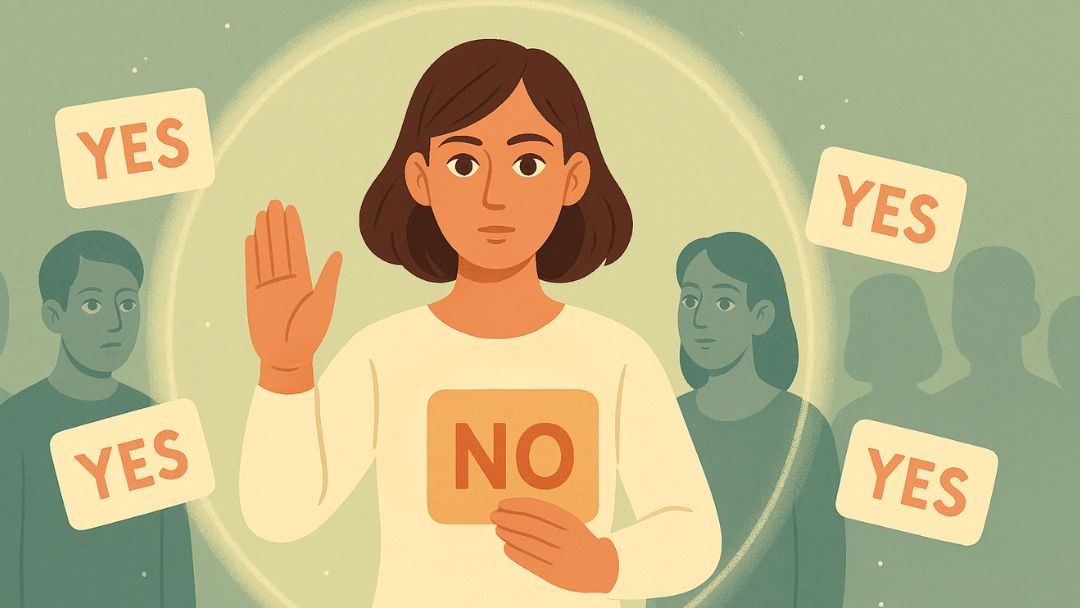 Woman saying no among yes responses showing how to be more assertive by setting boundaries.