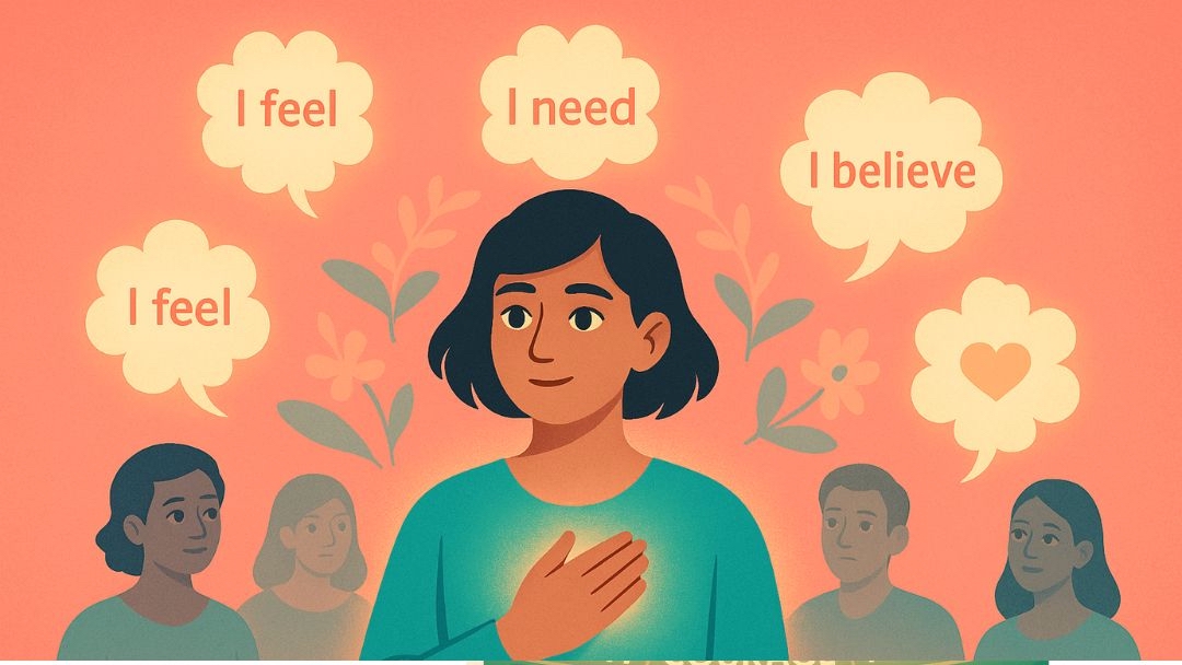 Person practicing I statements to be more assertive through confident self-expression.