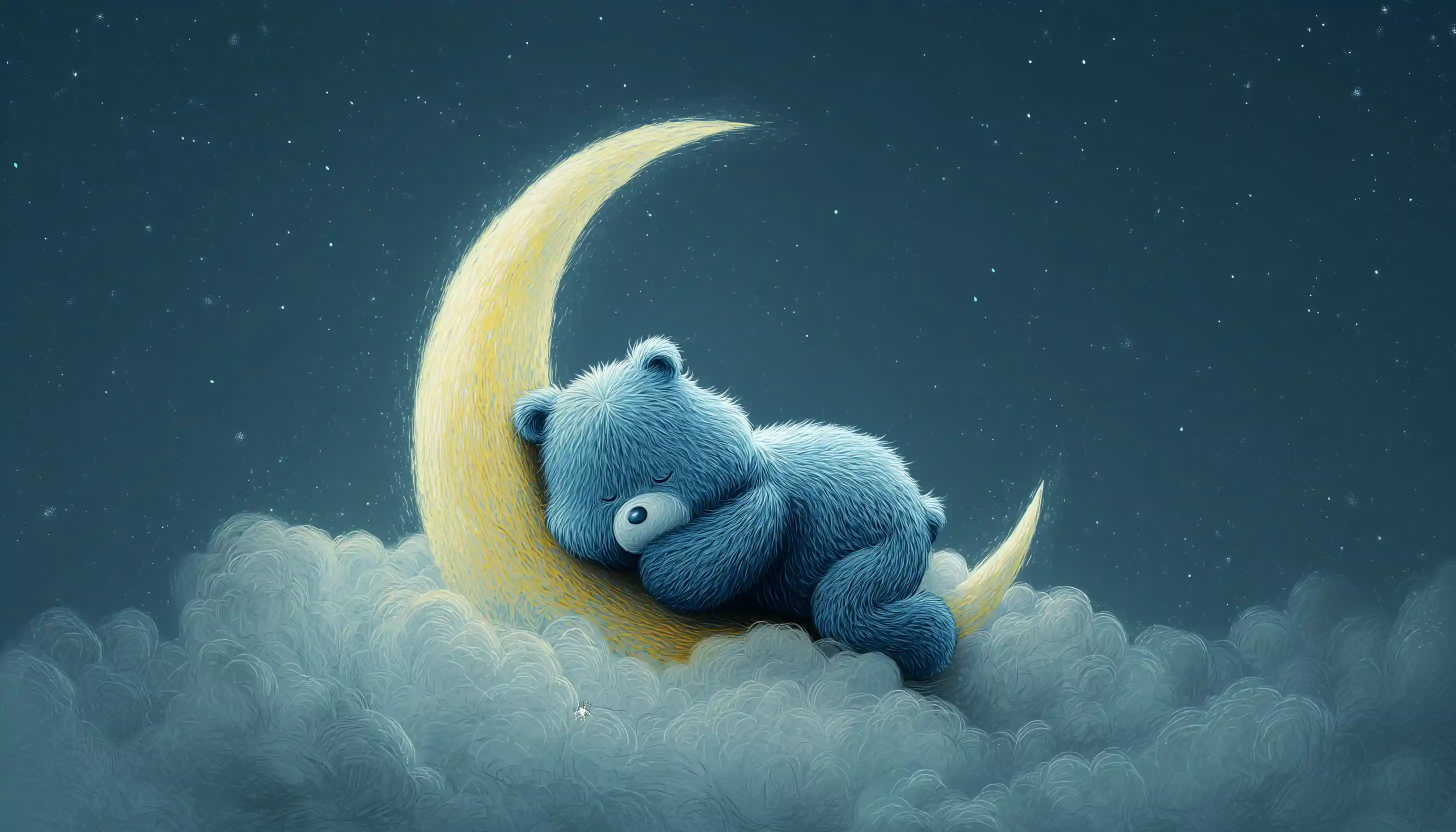 Bedtime Bear Care Bear resting on moon demonstrating self-care EQ tips.