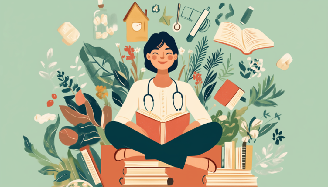 Healthcare professional with books and wellness symbols representing fulfilling ESFJ personality careers.