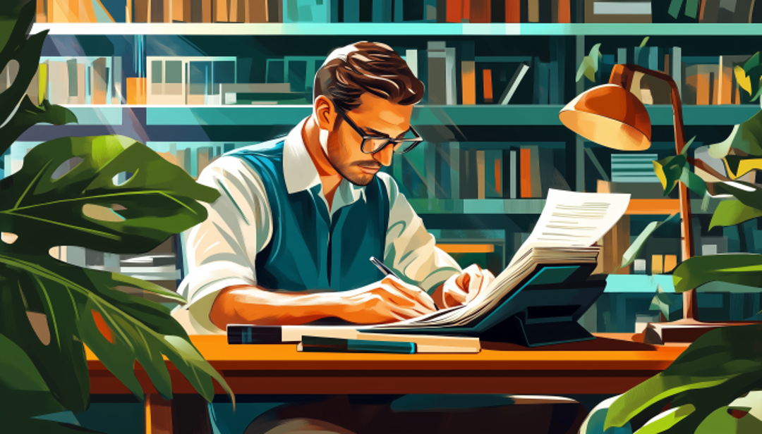 Writer working at desk with books demonstrating intellectual INTP personality career path.