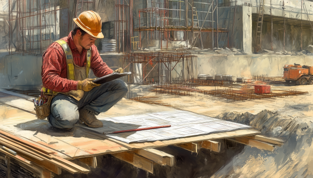 Construction worker reviewing blueprints on job site showing best careers for ISTPs.