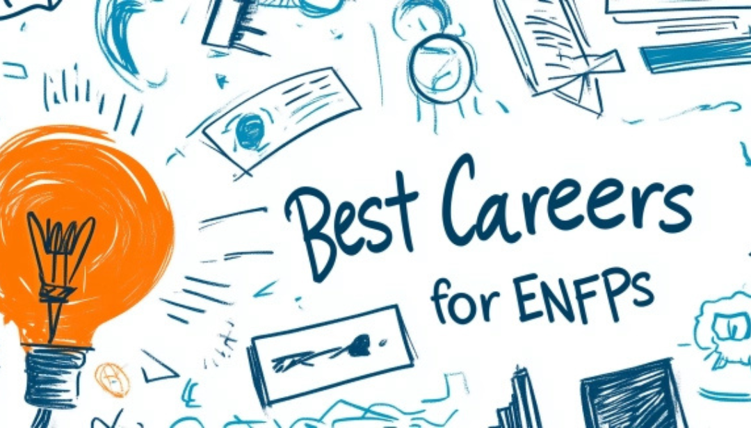 Best careers for ENFPs illustration with lightbulb and creative workspace elements.
