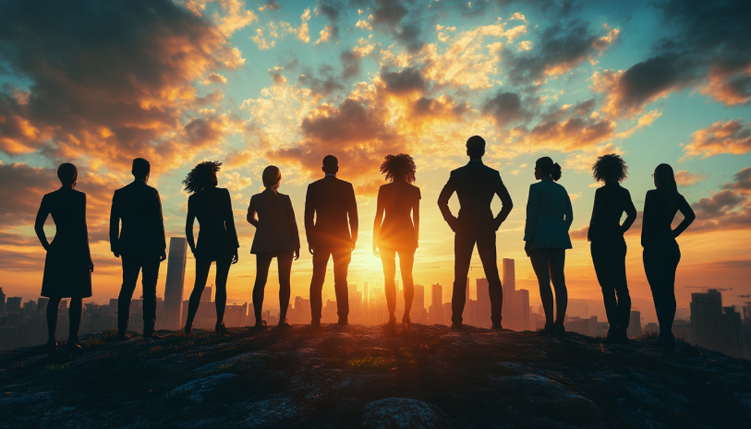 Enneagram 8 career growth opportunities with diverse professionals at sunrise.