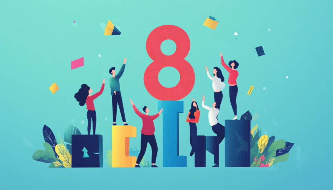 Enneagram 8 careers illustration with people celebrating around large number eight.