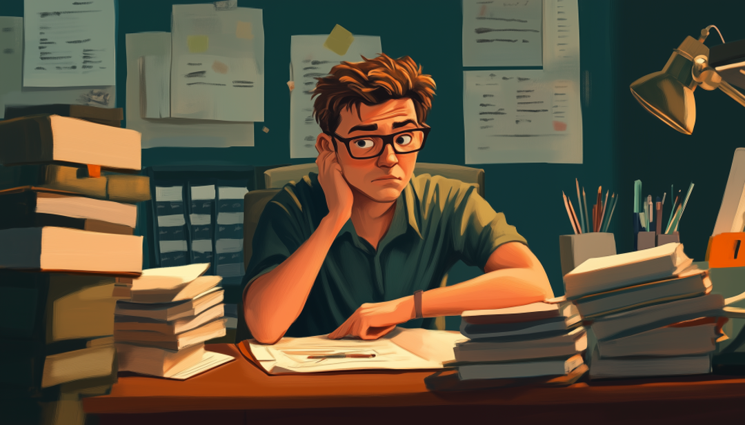 Overwhelmed worker showing enneagram 9 career challenges with conflict and deadlines.