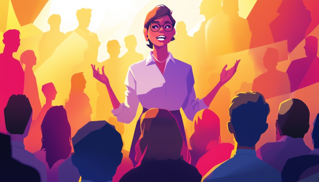 Speaker with high Big 5 openness engaging audience through expressive and creative communication.