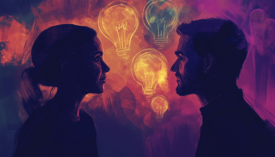 Two individuals with different Big 5 openness levels exchanging ideas and perspectives creatively.