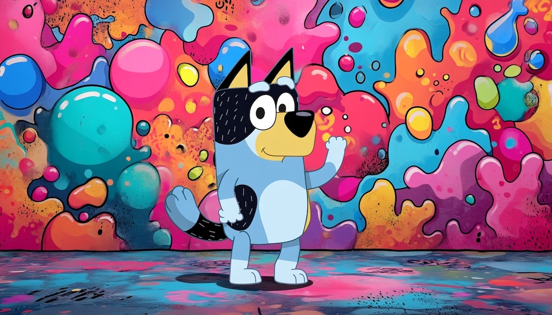 Bandit with colorful background showing playful dad personality in Bluey character types.