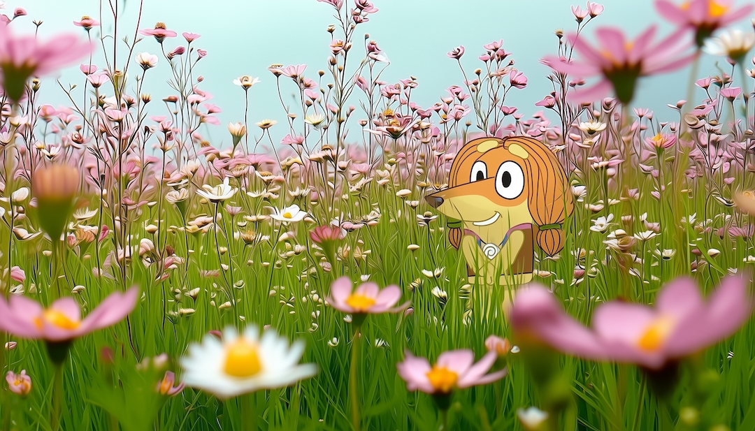 Indy in flower field showing free-spirited personality type in Bluey characters.